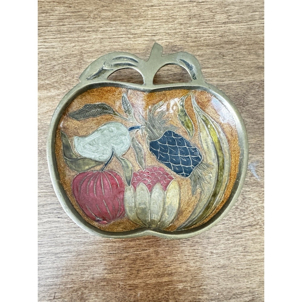 Vintage Solid Brass Enameled Fruits Apple Shape Trinket Tray Small